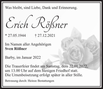 Traueranzeige von Erich Rößner  von Magdeburger Volksstimme