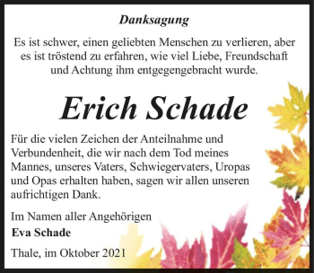 Traueranzeige von Erich Schade  von Magdeburger Volksstimme