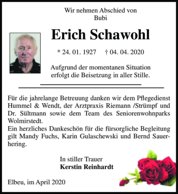 Traueranzeige von Erich Schawohl  von Magdeburger Volksstimme
