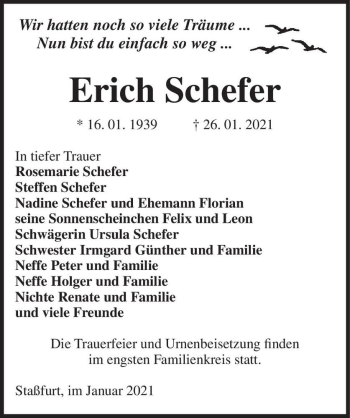 Traueranzeige von Erich Schefer  von Magdeburger Volksstimme