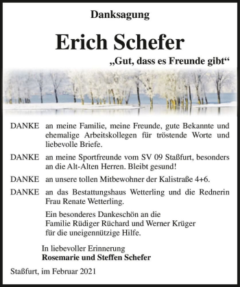 Traueranzeige von Erich Schefer  von Magdeburger Volksstimme