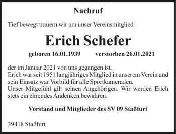 Traueranzeige von Erich Schefer  von Magdeburger Volksstimme