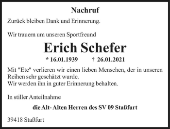 Traueranzeige von Erich Schefer  von Magdeburger Volksstimme