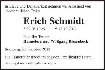 Traueranzeige von Erich Schmidt  von Magdeburger Volksstimme