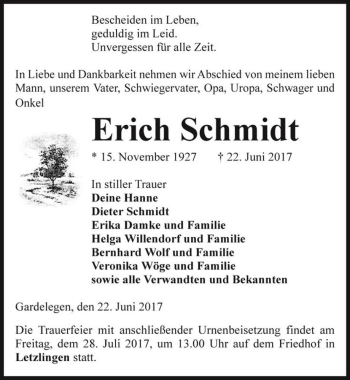 Traueranzeige von Erich Schmidt  von Magdeburger Volksstimme