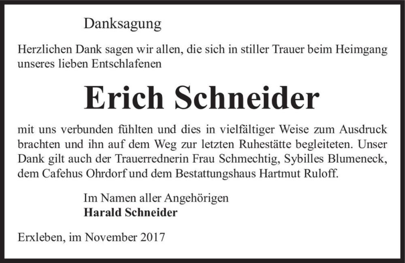  Traueranzeige für Erich Schneider  vom 25.11.2017 aus Magdeburger Volksstimme