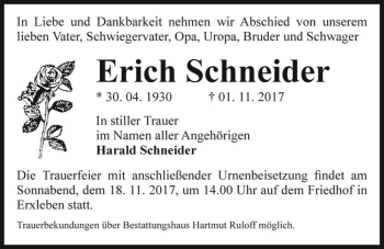Traueranzeige von Erich Schneider  von Magdeburger Volksstimme