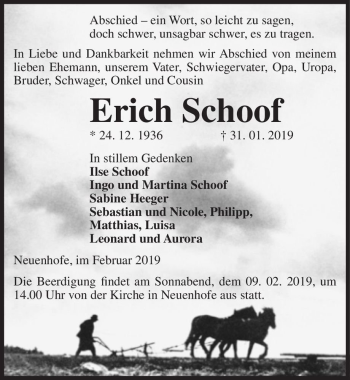 Traueranzeige von Erich Schoof  von Magdeburger Volksstimme