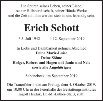 Traueranzeige von Erich Schott  von Magdeburger Volksstimme