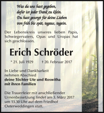 Traueranzeige von Erich Schröder  von Magdeburger Volksstimme