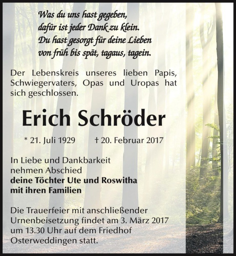  Traueranzeige für Erich Schröder  vom 25.02.2017 aus Magdeburger Volksstimme