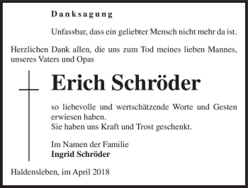 Traueranzeige von Erich Schröder  von Magdeburger Volksstimme