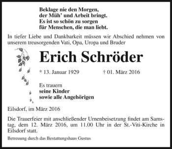 Traueranzeige von Erich Schröder  von Magdeburger Volksstimme