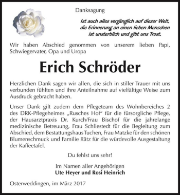 Traueranzeige von Erich Schröder  von Magdeburger Volksstimme