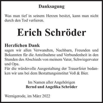 Traueranzeige von Erich Schröder  von Magdeburger Volksstimme