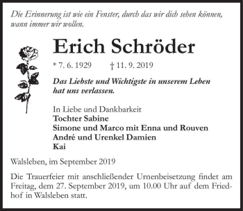 Traueranzeige von Erich Schröder  von Magdeburger Volksstimme