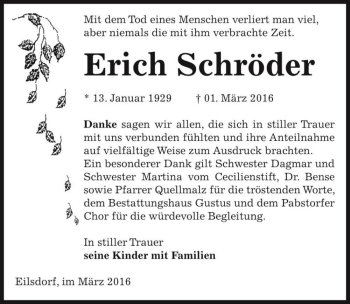 Traueranzeige von Erich Schröder  von Magdeburger Volksstimme