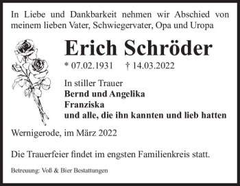 Traueranzeige von Erich Schröder  von Magdeburger Volksstimme
