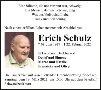 Traueranzeige von Erich Schulz  von Magdeburger Volksstimme