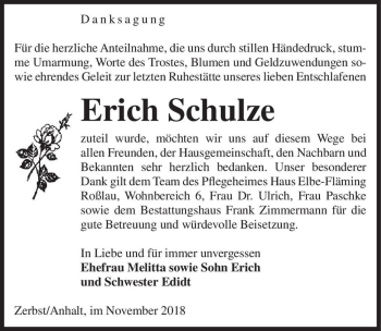 Traueranzeige von Erich Schulze  von Magdeburger Volksstimme