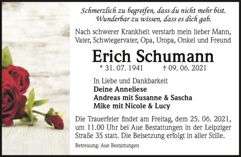  Traueranzeige für Erich Schumann  vom 19.06.2021 aus Magdeburger Volksstimme