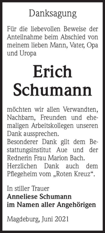 Traueranzeige von Erich Schumann  von Magdeburger Volksstimme