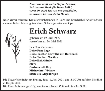 Traueranzeige von Erich Schwarz  von Magdeburger Volksstimme