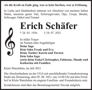 Traueranzeige von Erich Schäfer  von Magdeburger Volksstimme