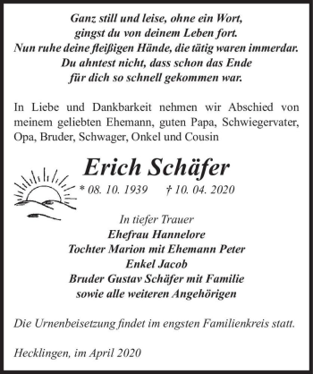 Traueranzeige von Erich Schäfer  von Magdeburger Volksstimme