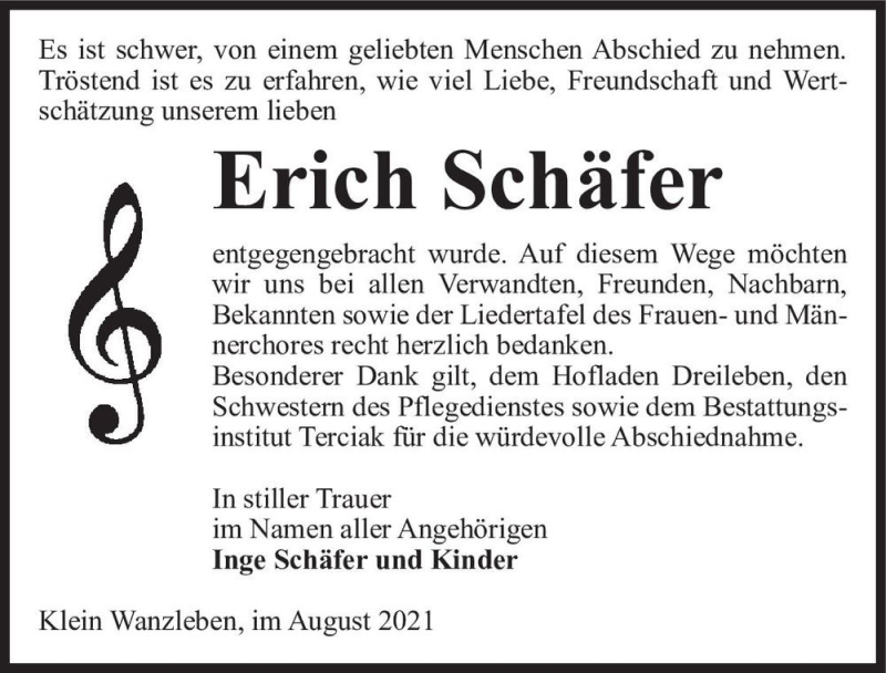  Traueranzeige für Erich Schäfer  vom 14.08.2021 aus Magdeburger Volksstimme