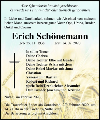Traueranzeige von Erich Schönemann  von Magdeburger Volksstimme