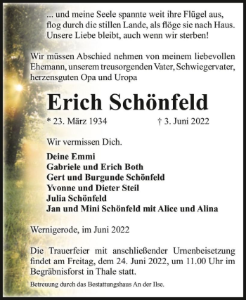Traueranzeige von Erich Schönfeld  von Magdeburger Volksstimme