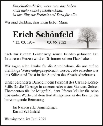 Traueranzeige von Erich Schönfeld  von Magdeburger Volksstimme