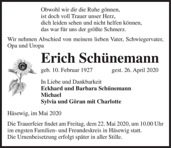 Traueranzeige von Erich Schünemann  von Magdeburger Volksstimme