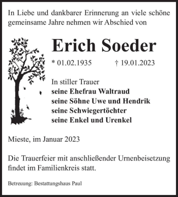 Traueranzeige von Erich Soeder  von Magdeburger Volksstimme
