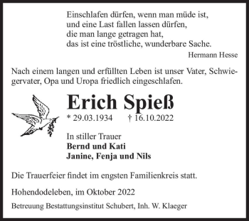 Traueranzeige von Erich Spieß  von Magdeburger Volksstimme