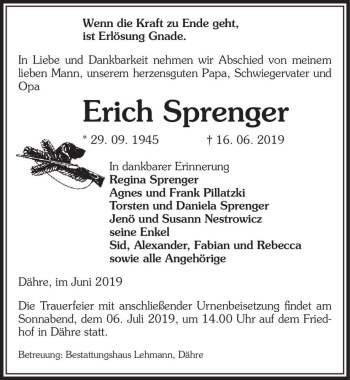 Traueranzeige von Erich Sprenger  von Magdeburger Volksstimme