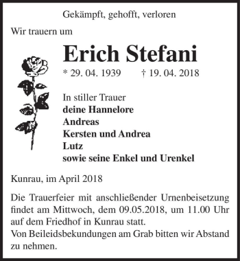 Traueranzeige von Erich Stefani  von Magdeburger Volksstimme