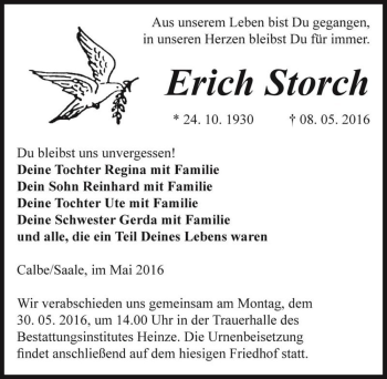 Traueranzeige von Erich Storch  von Magdeburger Volksstimme