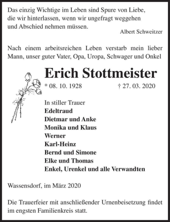 Traueranzeige von Erich Stottmeister  von Magdeburger Volksstimme