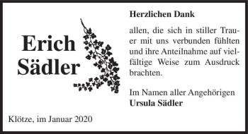 Traueranzeige von Erich Sädler  von Magdeburger Volksstimme