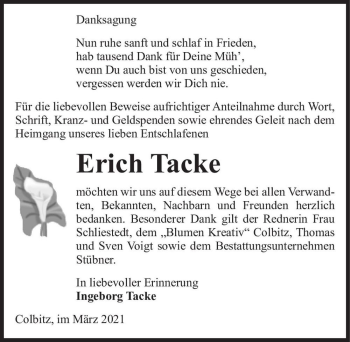 Traueranzeige von Erich Tacke  von Magdeburger Volksstimme