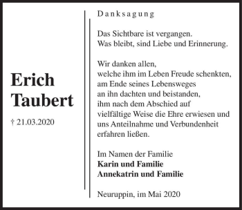 Traueranzeige von Erich Taubert  von Magdeburger Volksstimme