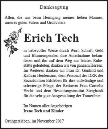 Traueranzeige von Erich Tech  von Magdeburger Volksstimme