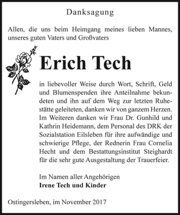Traueranzeige von Erich Tech  von Magdeburger Volksstimme