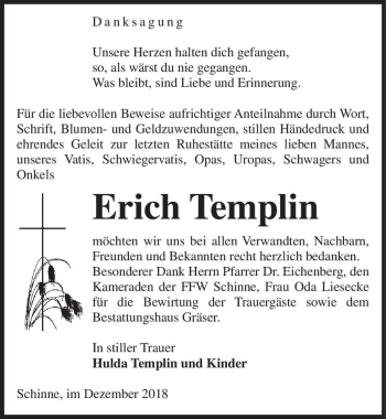 Traueranzeige von Erich Templin  von Magdeburger Volksstimme