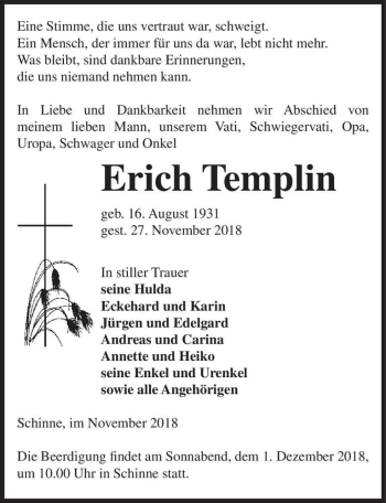 Traueranzeige von Erich Templin  von Magdeburger Volksstimme