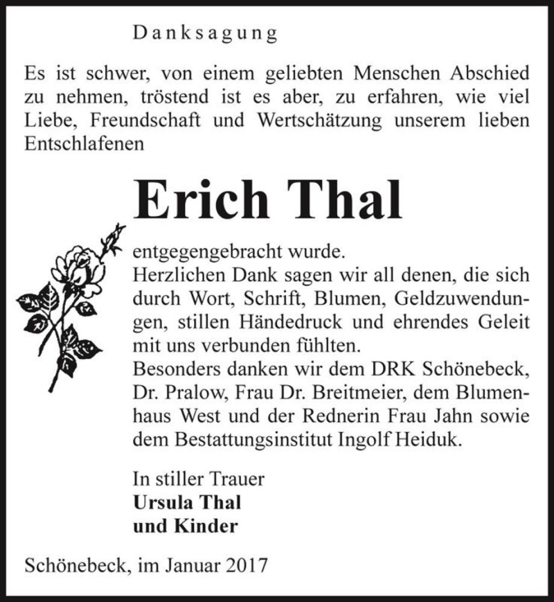  Traueranzeige für Erich Thal  vom 14.01.2017 aus Magdeburger Volksstimme