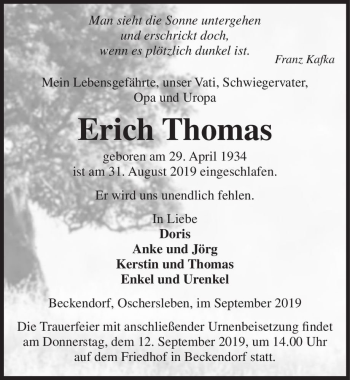 Traueranzeige von Erich Thomas  von Magdeburger Volksstimme