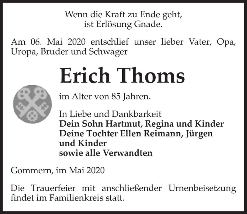  Traueranzeige für Erich Thoms  vom 16.05.2020 aus Magdeburger Volksstimme